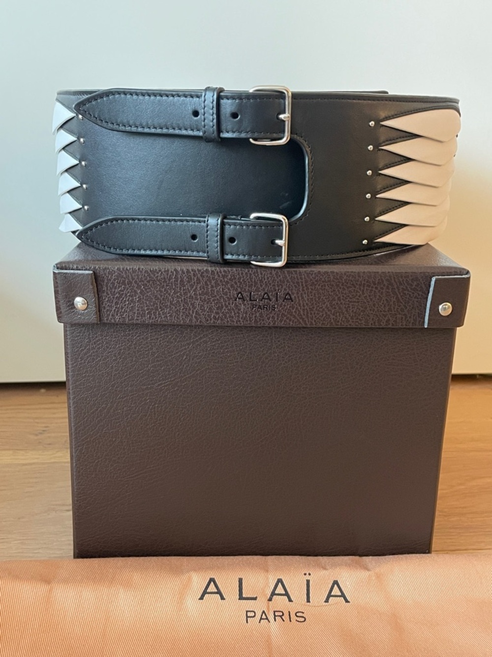 Alaia Black and Cream Leather Double-Buckle Wide Waist Belt